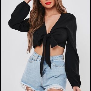 Missguided Black Long Sleeve Tie Top